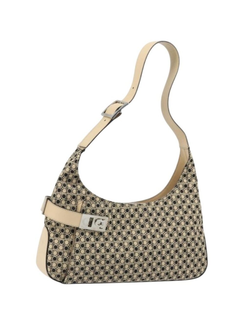 Salvatore Ferragamo Gancini Shoulder Bag Canvas Beige Silver